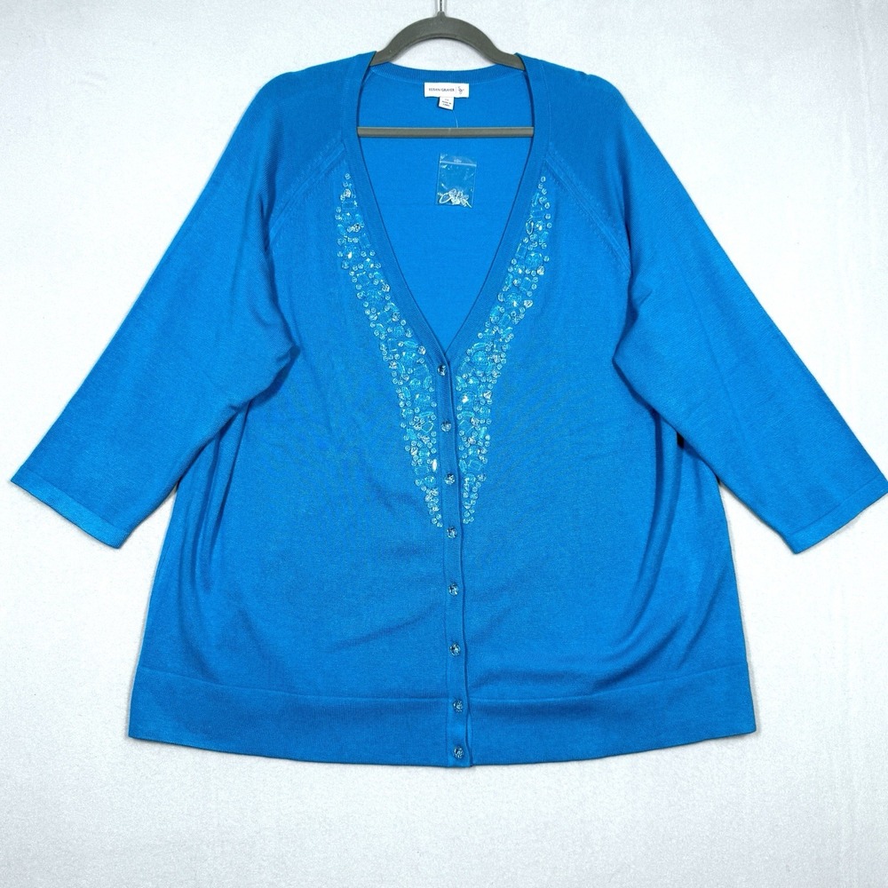 Susan Graver Sweater Womens 2X Embellished Rhinestone V Neck‎ Cardigan Plus NWOT
